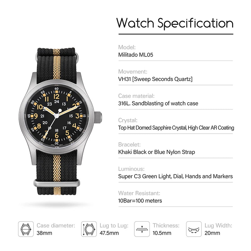 Militado ML05 38mm Men Watch VH31 Quartz Military Watches Domed Sapphire AR Coating 100m Waterproof Stainless Steel Wristwatch