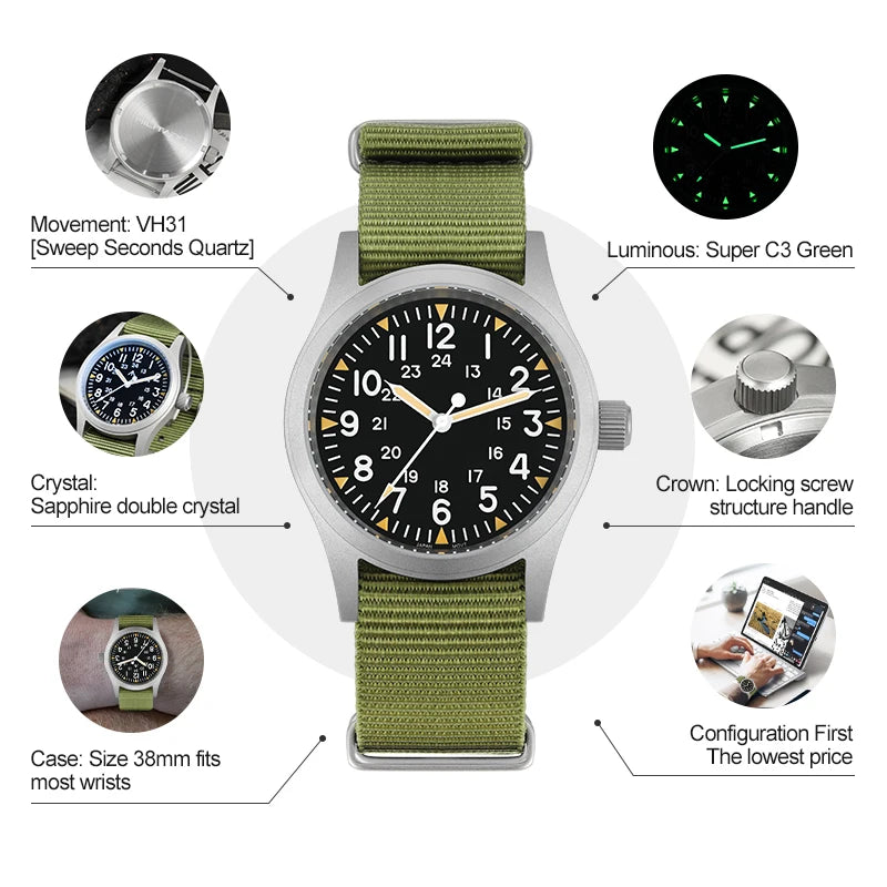 Militado ML05 Vintage Quartz Watch AR Sapphire Crystal Luminous VH31 Movement Watches 38mm Stainless Steel Men Wristwatch