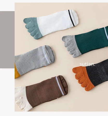 5 Pairs Man Toe Boat Socks Summer Cotton Mesh Breathable Sweat-Absorbing Patchwork Striped Elastic Ankle 5 Finger Sport Socks