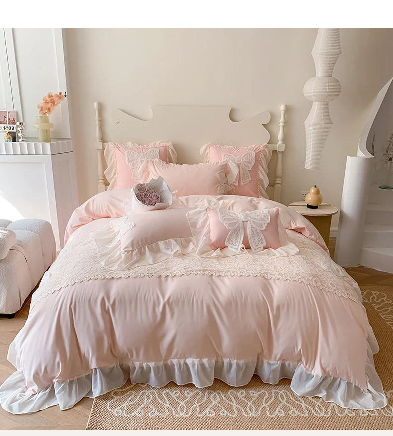 Korean Princess Bedding Set Coquette Lace Bow  Beauty Solid Color Lace Ruffle Comforter Sets Luxury Girls Wedding  Duvet Cover