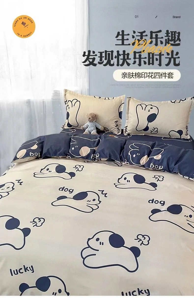 Luxury Gradient Blue Bedding Set Cartoon Duvet Cover Set Soft Queen Twin Full Size Grid Flat Bed Sheet Quilt Cover Pillowcase