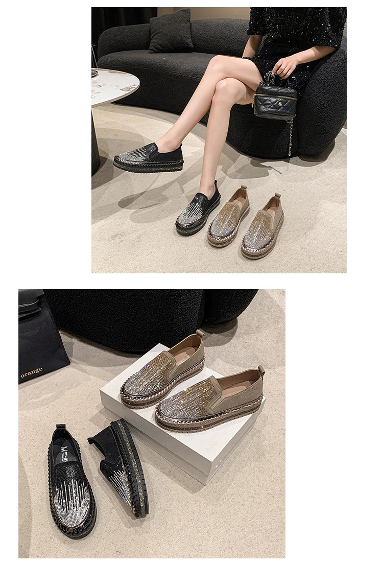 2025 New High Quality Women's Water Diamond Casual Shoes Shiny Flat Vulcanized Shoes Luxury Designer Thick Bottom Casual Shoes