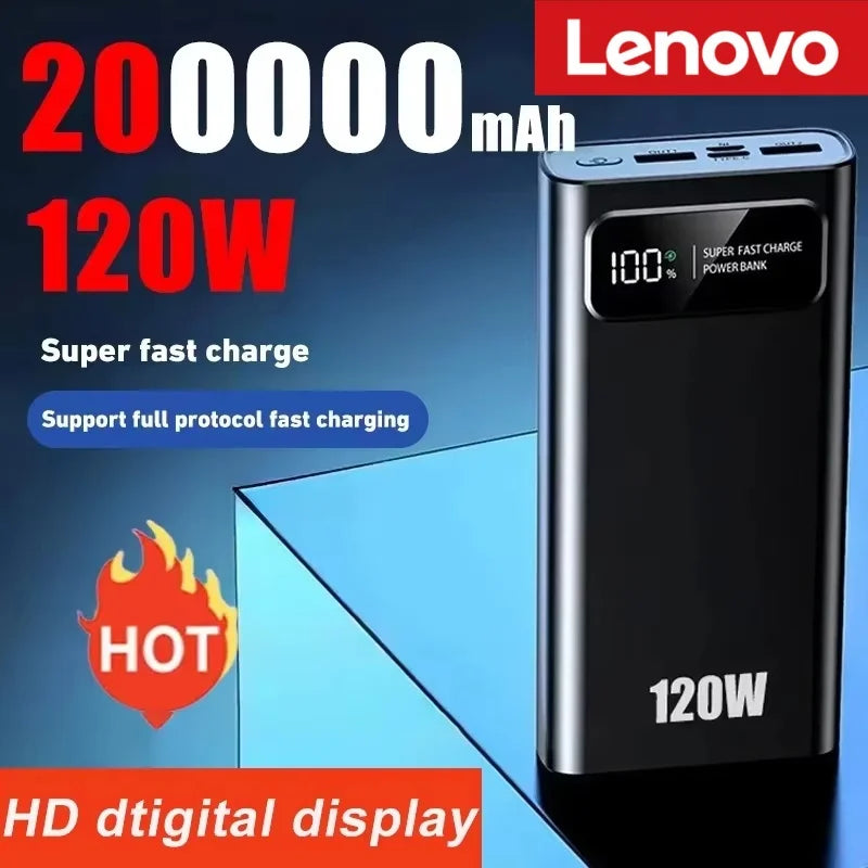 Lenovo 200000mAh Fast Charging 120W Power Bank Super Ultralarge Capacity Mobile Power External Battery For iPhone Xiaomi Vivo