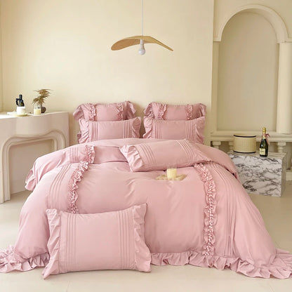 Korean Princess Style Lace Ruffles Bedding Set Solid Color Duvet Cover Set Flat/Fitted Bed Sheet Pillowcases With Pillowcases