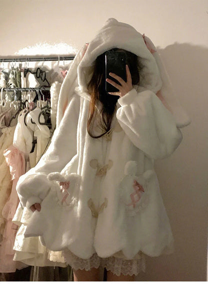 Japanese White Kawaii Plush Sweatshirt Jacket Casual Warm Rabbit Ears Hoodies Female Autumn Winter Cute Bow Sweatshirts Coats