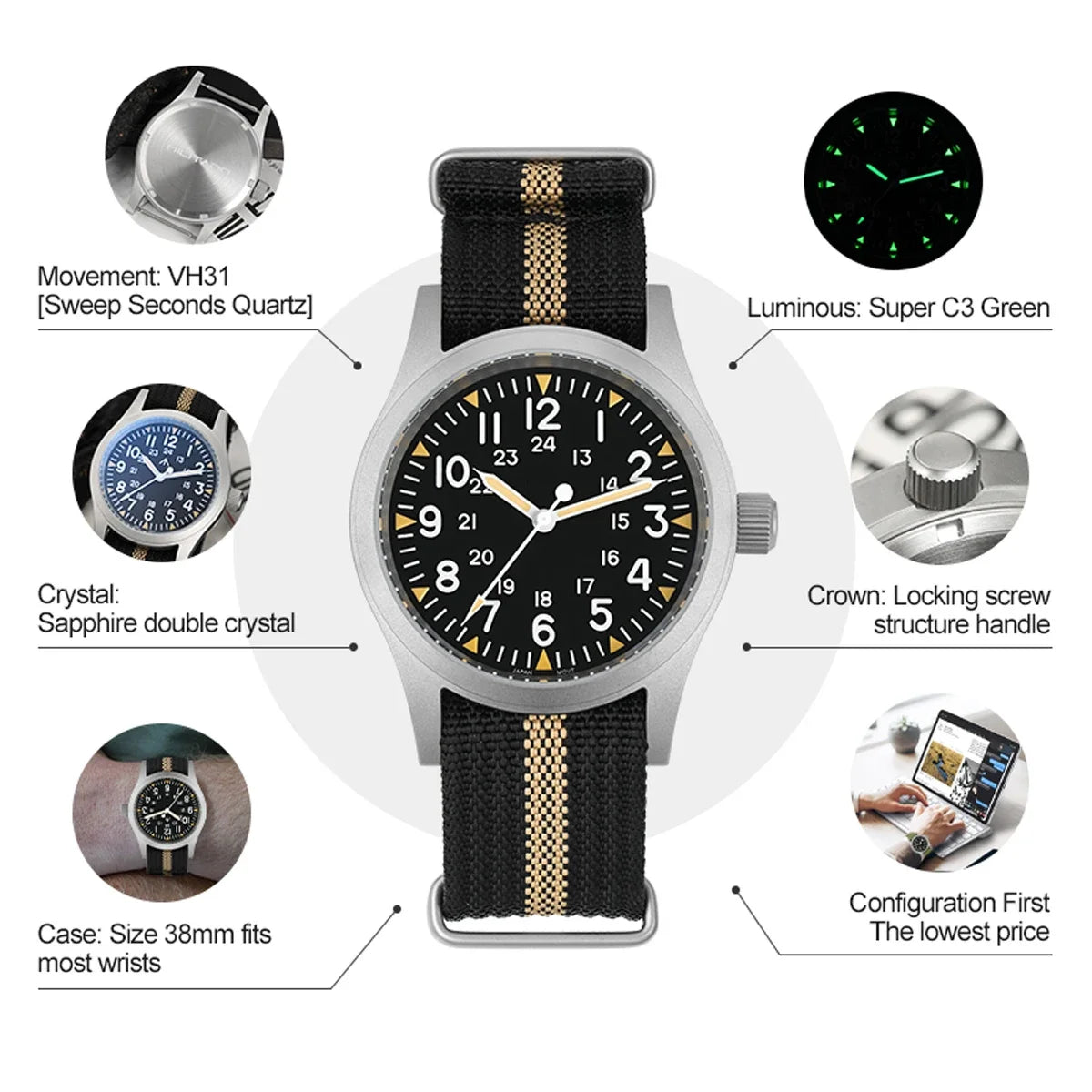 Militado ML05 38mm Men Watch VH31 Quartz Military Watches Domed Sapphire AR Coating 100m Waterproof Stainless Steel Wristwatch