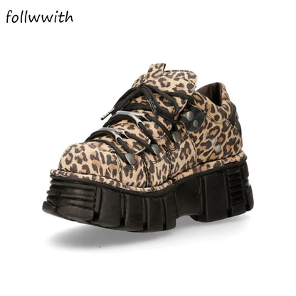 Leopard Metal Buckle Lace Up Casual Shoes Women Round Toe 5cm Platform Punk Shoes 2024 Spring Autumn Newest Fashion Shoes