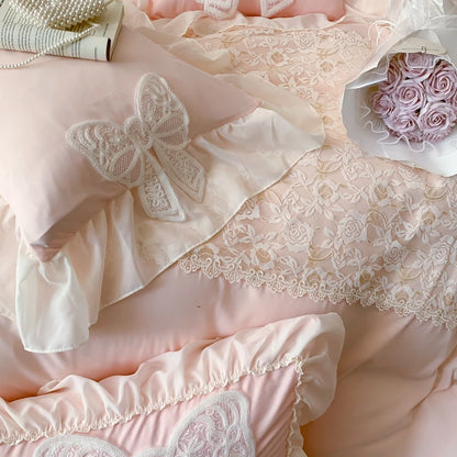 Korean Princess Bedding Set Coquette Lace Bow  Beauty Solid Color Lace Ruffle Comforter Sets Luxury Girls Wedding  Duvet Cover