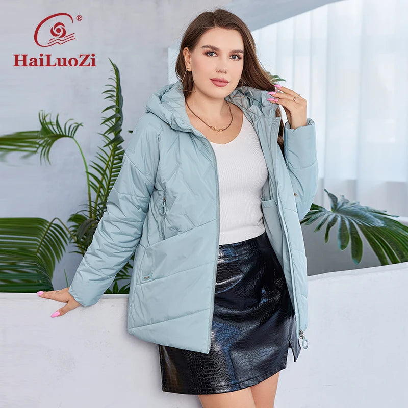 HaiLuoZi 2023 New Plus Size Women Clothing Short Hooded Quilting Female Outwear Classic Design Lightweight Women's Jacket 5529