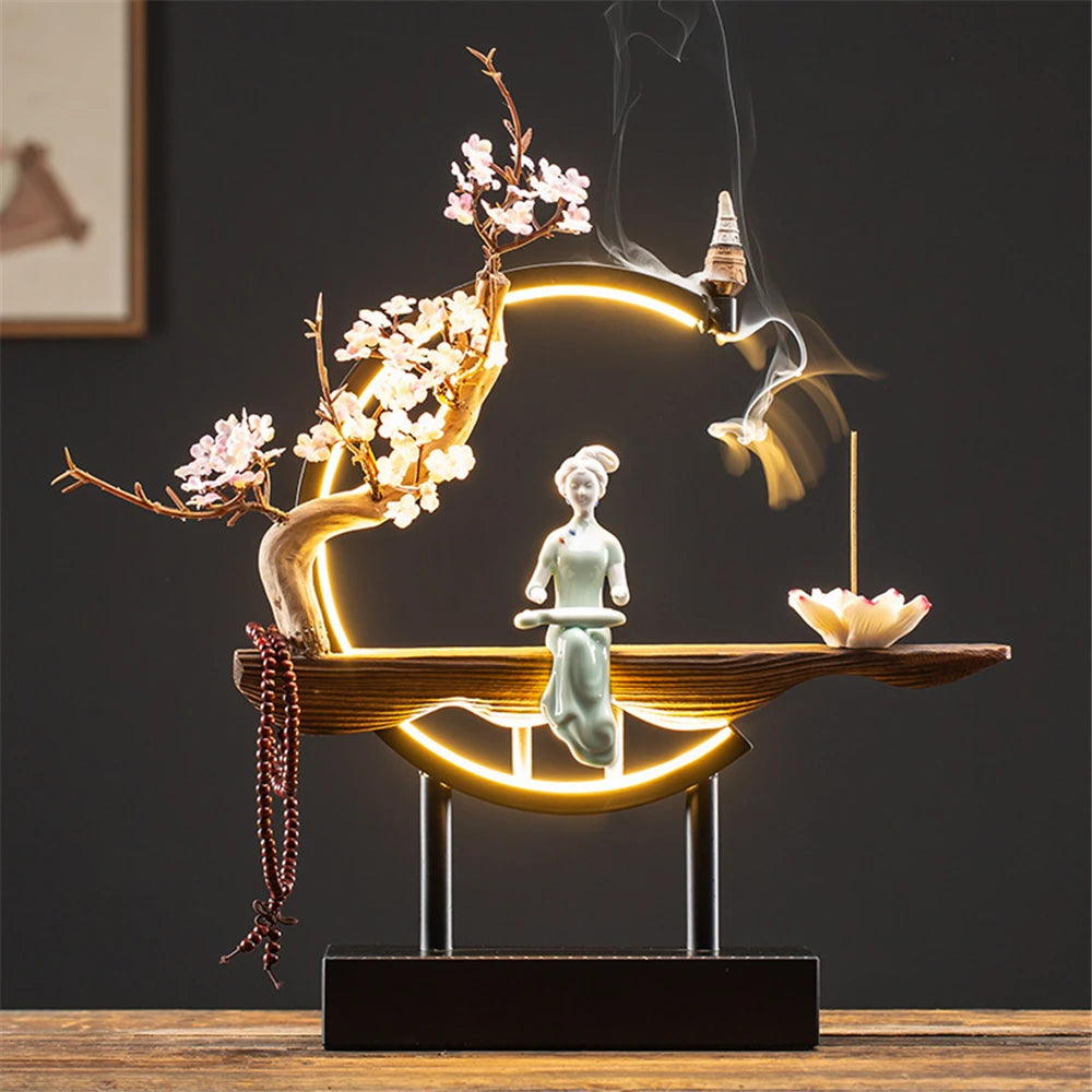 Ceramic Maid Wood Backflow Incense Burner with 20 cone USB Led Light Circle Lotus Buddha Beads Home Office Decoration Furnishing