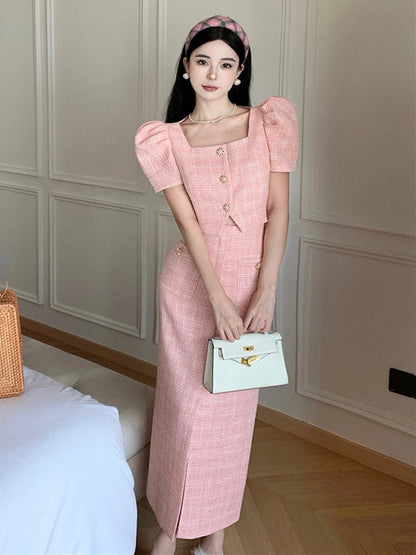 Chic Fashion French Summer Tweed Two Piece Set Women Square Collar Pink Short Blazer Coat + High Waist Bodycon Midi Skirts Suit