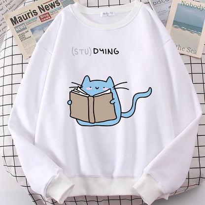 Females Sweatshirts Love Studing Cute Cat Printed Tops Womens Korean Fashion Oversize Sweater Kawaii Animal 2022 New Lady Hoodie