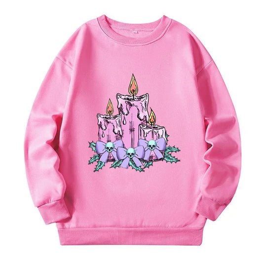 Pink XL-4xl Plus Size Female Sweatshirt Trendy Skull Candle Big Size Sweatshirt Autumn Spring New 2024 Woman Clothing