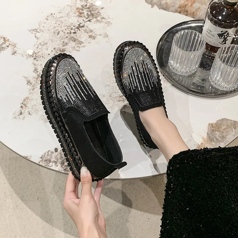 2025 New High Quality Women's Water Diamond Casual Shoes Shiny Flat Vulcanized Shoes Luxury Designer Thick Bottom Casual Shoes