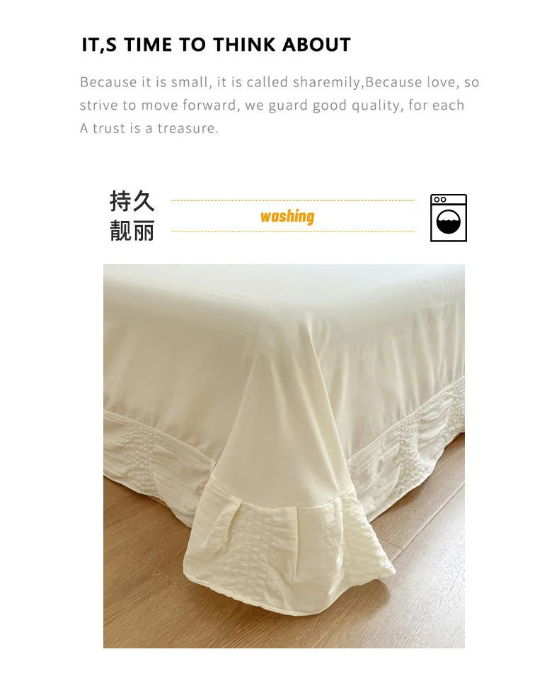 Ins Style Korean Bedding Set Lace Seersucker 4-piece Bed Sheet Set Quilt Cover Solid Duvet Cover For Girl Spring Decor Home