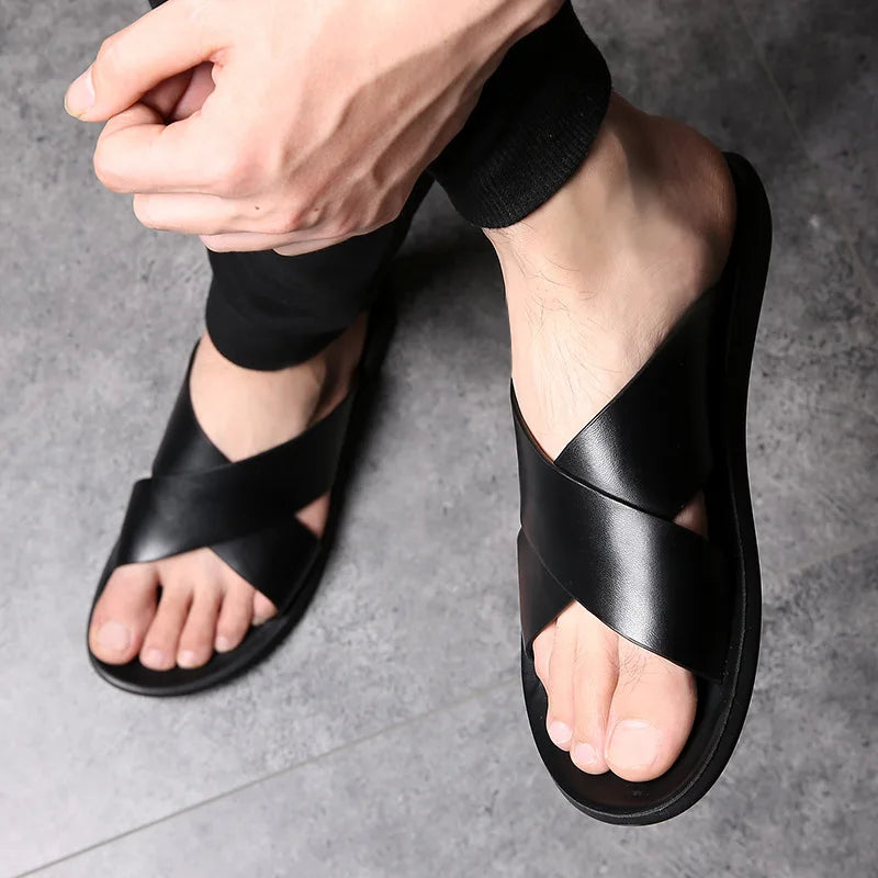 Mens Sandals Slippers Genuine Leather Luxury Brand Fashion 2024 New Mens Flat Shoes Casual Non-Slip Beach Sandals Zapatos Hombre