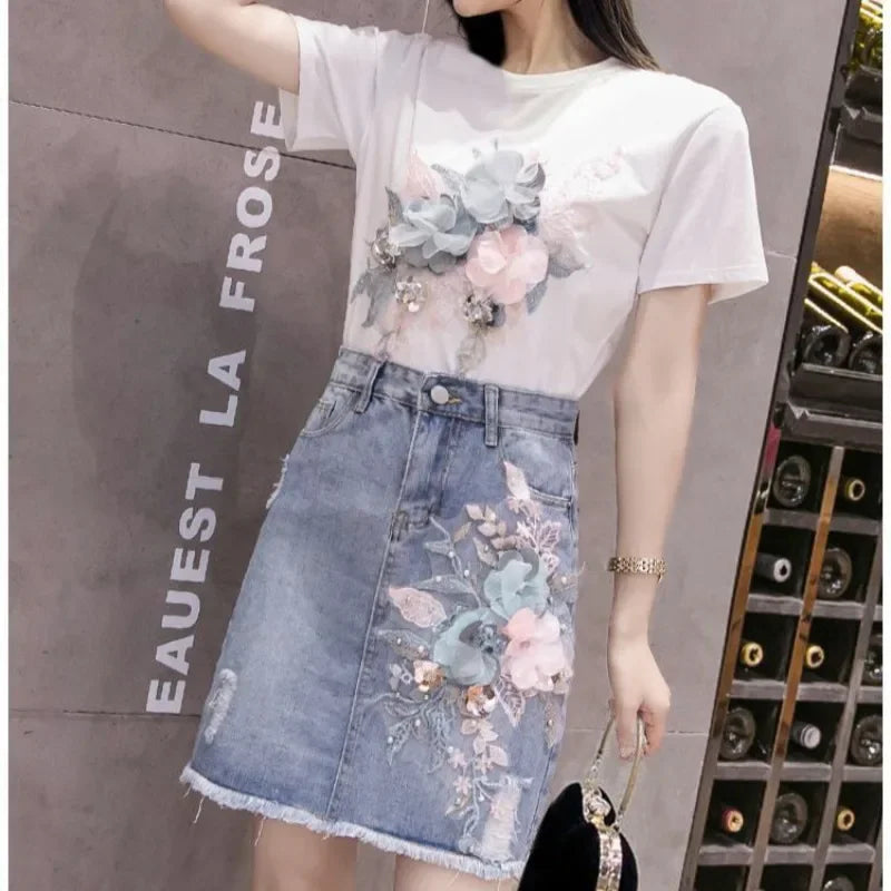 Kawaii Sequin Short Sleeve Skirt Woman Outfit Denim 2 Pieces Sets for Women Lightly Cooked Korea Luxury Designer Clothing Co Ord