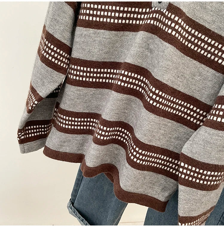 Plus Size Women's Clothing 2024 Autumn and Winter New Fashion Lazy Knit Sweater Chubby Girl Striped Hooded Sweater Jacket Coat