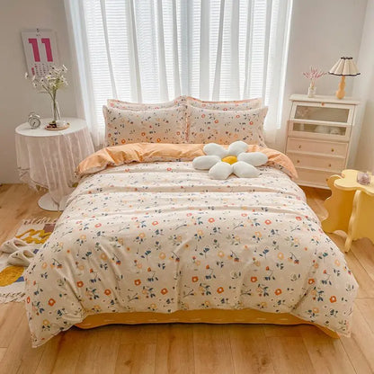 Cute Pink Strawberry Duvet Cover Flat Sheet Pillowcase Floral Bedding Set Girls Bed Linen Soft Thick Washed Cotton Bedclothes