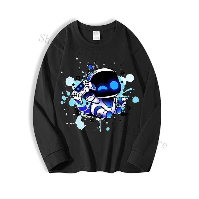 Astro Bot Adult Long Sleeved T-shirt Anime Fashion Black White Top Men Women Winter Travel Hip Hop Clothing Versatile Undershirt