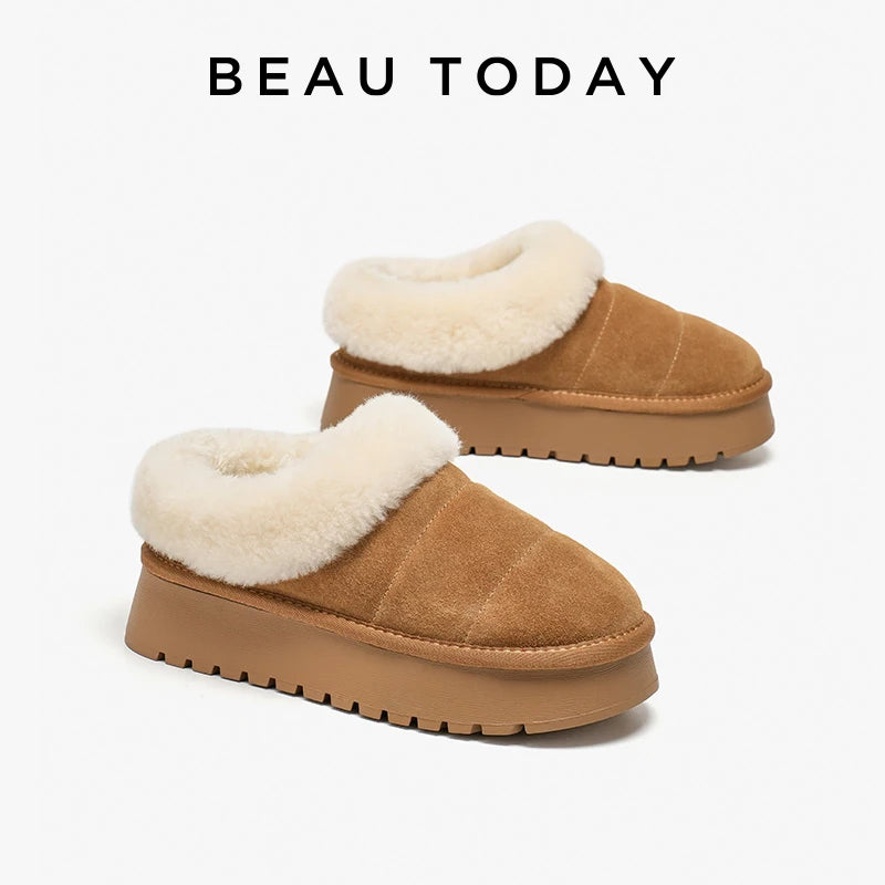 BEAUTODAY Furry Slippers Women Cow Suede Round Toe Winter Warm Plush Slip-on Ladies Concise Flats Shoes Handmade 22818