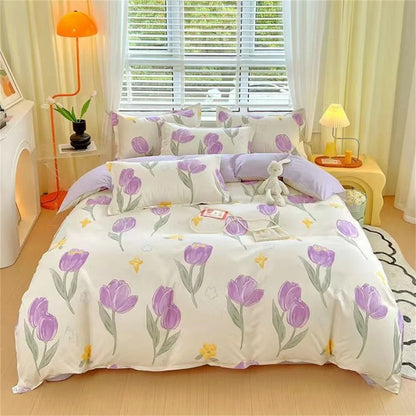 Cute Pink Strawberry Duvet Cover Flat Sheet Pillowcase Floral Bedding Set Girls Bed Linen Soft Thick Washed Cotton Bedclothes