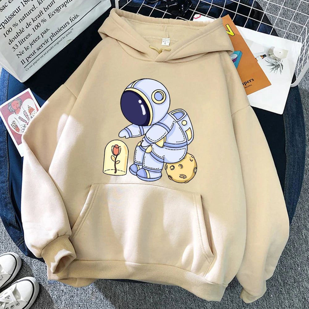 Funny Astronauts Protecting Flowers Pattern Female Clothes Fashion Warm Hooded Loose Casual Hoodies Fleece Pocket Women Pullover