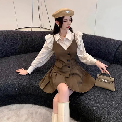 2024 Spring Autumn Women's Clothing Matching Sets Englad Style Retro Button Sling Suits Mini Dress Shirts Two Piece Outfits