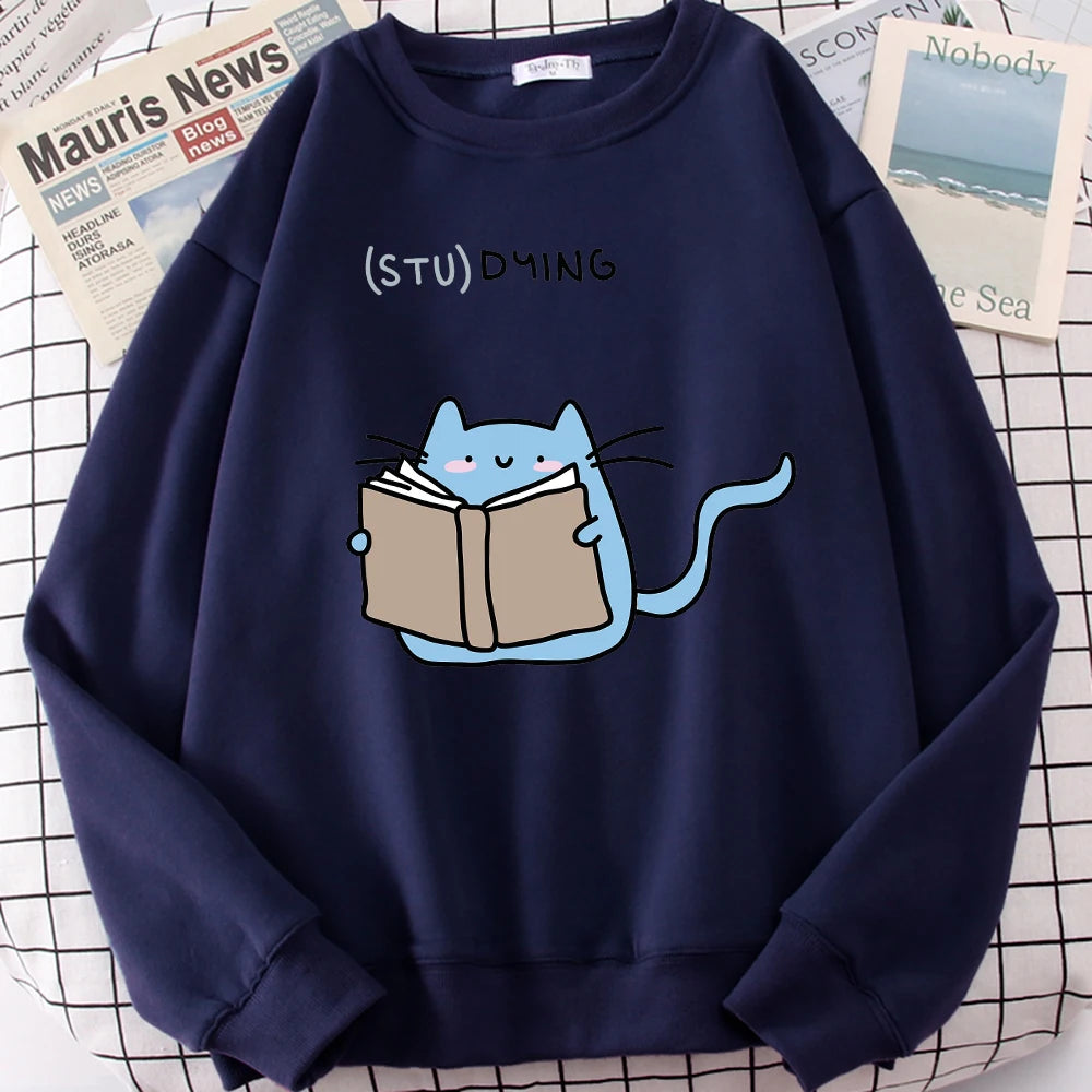 Females Sweatshirts Love Studing Cute Cat Printed Tops Womens Korean Fashion Oversize Sweater Kawaii Animal 2022 New Lady Hoodie