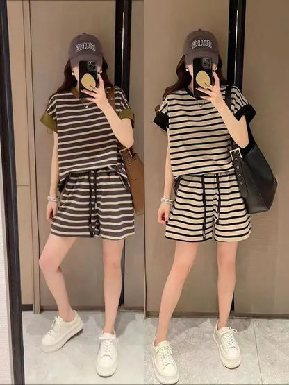 Women Striped Clothing Sets Short Sleeve T-shirt+Drawstring Shorts Two Pieces Suits Summer Loose Tracksuit Ladies Casual Outfits