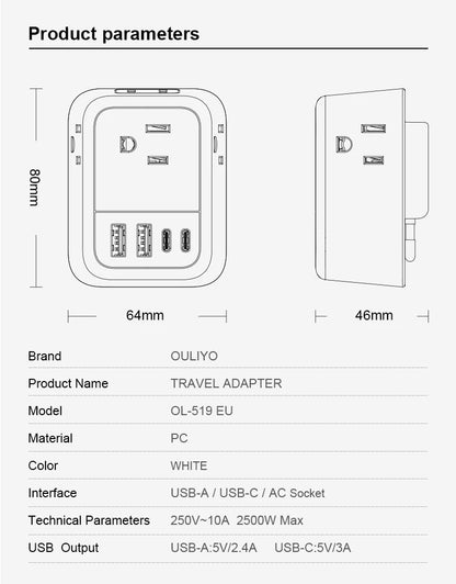 1PC US To EU Plug Adapter Euro Travel Plug Converter With 4 AC Outlets 4 USB Ports Wall Sockets for US to Most Europe France DE