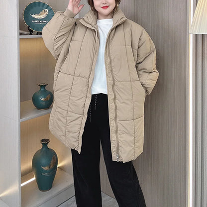 Plus Size Women Parka Winter New Loose Stand Collar Thickened Medium Long Down Cotton Jacket 8547