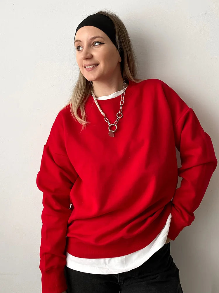 Autumn Oversized Sweatshirts Women Cotton Loose Pullovers Red Round Neck Sweatshirt For Women Oversize Tops For Couples 2024