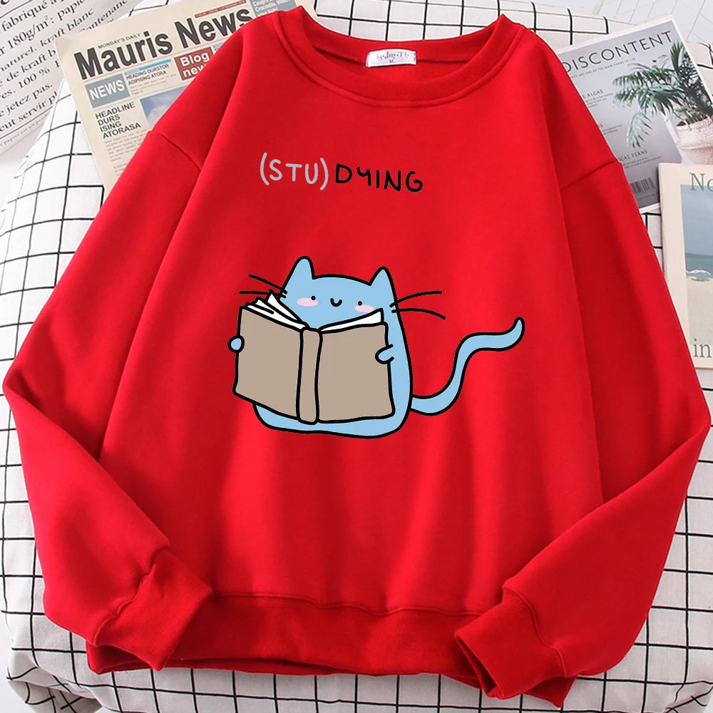 Females Sweatshirts Love Studing Cute Cat Printed Tops Womens Korean Fashion Oversize Sweater Kawaii Animal 2022 New Lady Hoodie