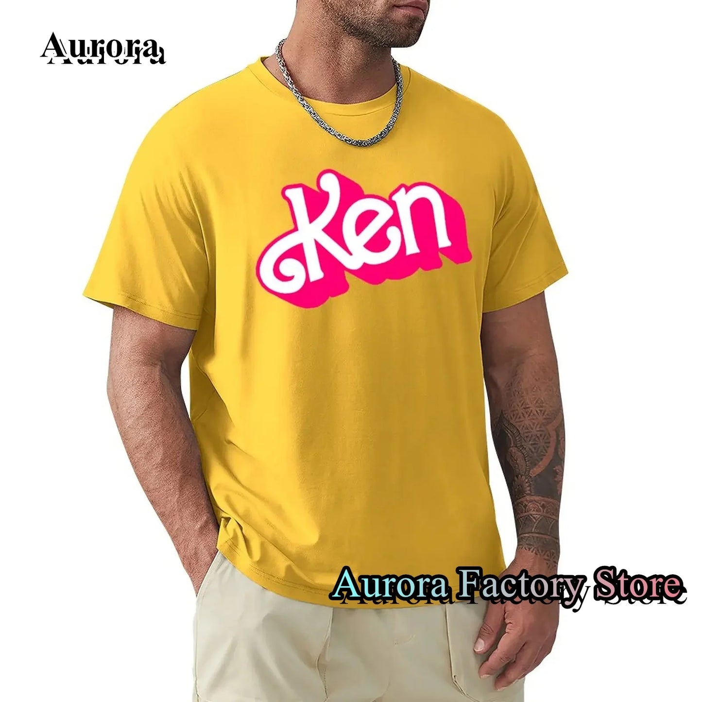 Men Summer Fashion Cotton T-Shirt Pink Ken Letter Print Tops Tees Male Casual O-Neck Clothing Short Sleeve Harajuku Streetwear