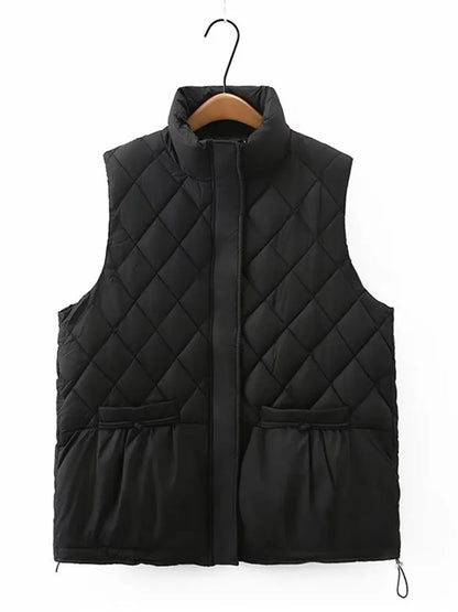 Plus Size Women's Clothing Sleeveless Cotton Coat Stand Collar Zipper Vest Quilted Thermal Vest With Center Layer  For Winter In