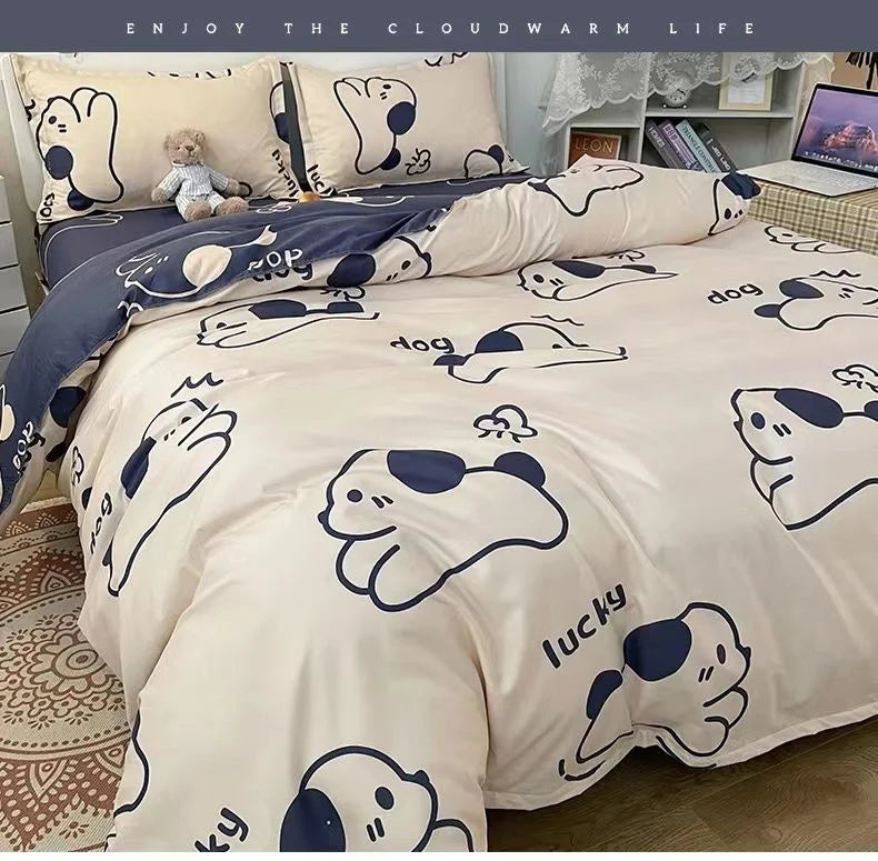 Luxury Gradient Blue Bedding Set Cartoon Duvet Cover Set Soft Queen Twin Full Size Grid Flat Bed Sheet Quilt Cover Pillowcase