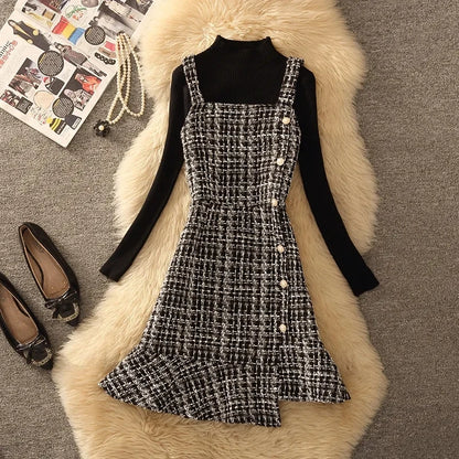 Autumn Winter Women Graceful Pink Tweed Vest Dress Sweater 1 or 2 Piece Set Asymmetric Overall Tank Dresses Knit Tops Outfits