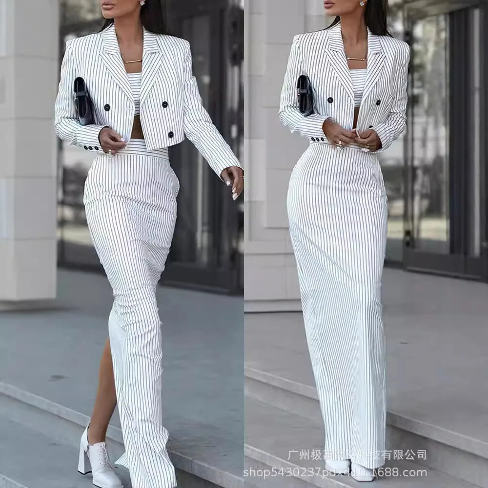 2pcs Women's Clothing Set Stripes Printed Casual Long Sleeve Button Blazer Jacket & High Waist Slim Skirt