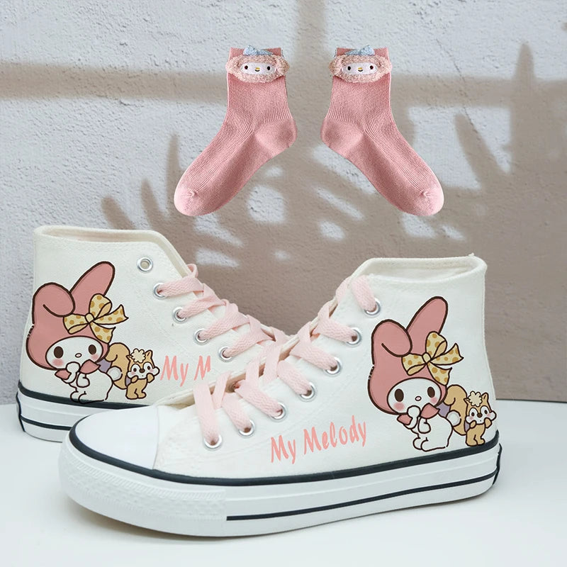 Anime Sanrios Sneakers Kuromi My Melody High-Tops Canvas Shoes Cartoon Cute Cinnamoroll Casual Soft Soled Shoes Gifts for Girls