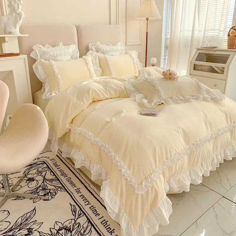 Elegant Lace Bedding Sets Luxury Bed Linen Princess Washed Cotton Ruffle Duvet Cover Bed Sheet and Pillowcases for Girl Luxury