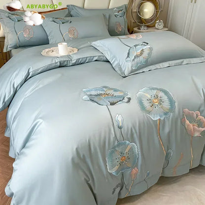 Egyptian Cotton Bedding Set Luxury Embroidery Double Duvet Cover Pure Cotton Flat or Fitted Bed Sheets and Pillowcases Bed Set