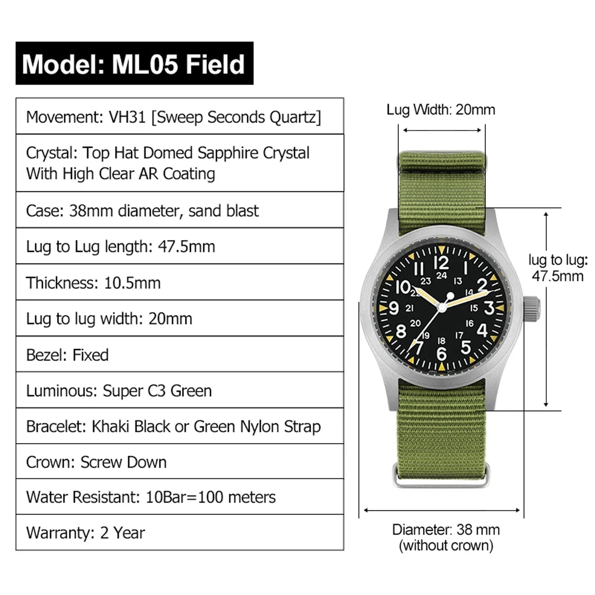 Militado ML05 38mm Men Watch VH31 Quartz Military Watches Domed Sapphire AR Coating 100m Waterproof Stainless Steel Wristwatch