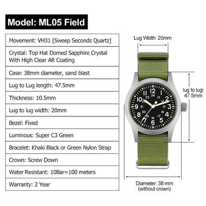 Militado ML05 38mm Men Watch VH31 Quartz Military Watches Domed Sapphire AR Coating 100m Waterproof Stainless Steel Wristwatch