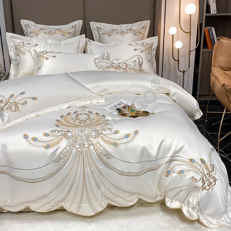 Nordic Bedding Set Luxury Gold Feather Embroidery 100 Egyptian Cotton Double Duvet Cover Bed Sheets and Pillowcases Bed Set