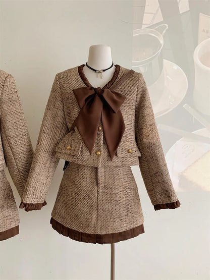 2023 autumn winter Vintage Tweed Two Piece Set Women Short Jacket Coat + Skirt Suits Korean 2 Piece Sets Women Outfit clothing