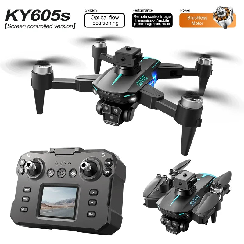 2024 New KY605S Screen Control Drone With Display Screen Obstacle AvoidanceThree Camera HD Aerial Photography Dron Toys Gift