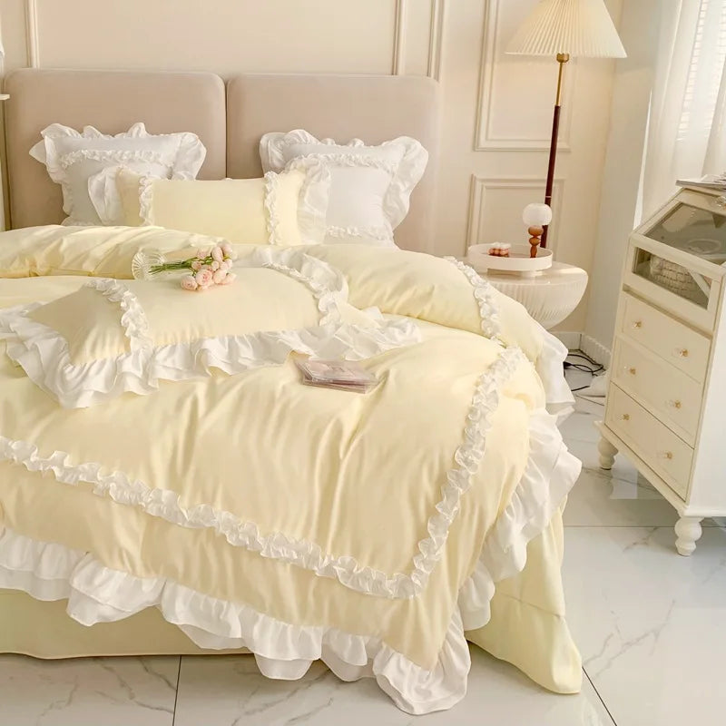 Elegant Lace Bedding Sets Luxury Bed Linen Princess Washed Cotton Ruffle Duvet Cover Bed Sheet and Pillowcases for Girl Luxury