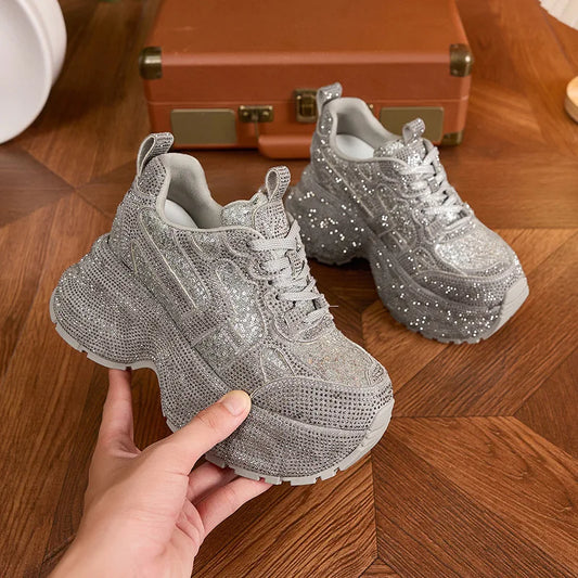 Women's Rhinestone Shoes Autumn Fashionable and Versatile Inner Height Increasing Women's Shoes Thick-soled Casual Sports Shoes