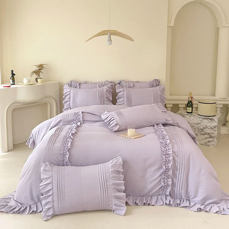 Korean Princess Style Lace Ruffles Bedding Set Solid Color Duvet Cover Set Flat/Fitted Bed Sheet Pillowcases With Pillowcases